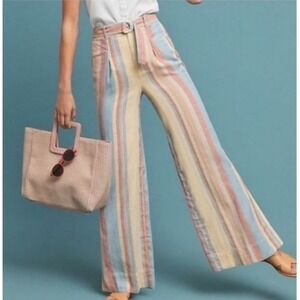 ANTHROPOLOGIE Resort Striped Maximalist Linen Blend Wide leg Belt Pants sz 12